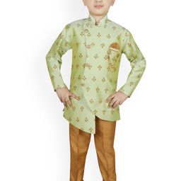 SG YUVRAJ Boys Green & Gold-Colored Printed Silk Brocade Sherwani Set-picture-34