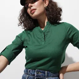 The Roadster Life Co. Cotton-Linen Mandarin Collar Roll-Up Sleeves Top-picture-15