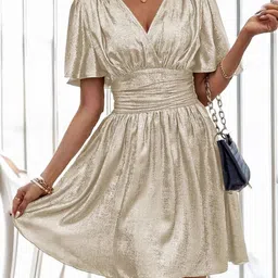 KPOP Women Gold-Toned Solid Flared Sleeve A-Line Knee Length Dress-picture-39