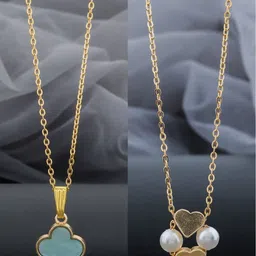 Birado Jewellery Set Of 2 Steel Gold-Plated Artificial Beaded Minimal Necklaces-picture-32