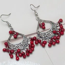 creative frogs Set of 2 Oxidized Silver-Toned Chandbali Earrings with Maroon & Blue Beads & Girls image 2