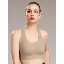 SOIE Women Padded Non Wired Full Coverage Seamless Sports Bra with Criss-Cross Back Brown image 1