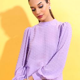 Tokyo Talkies Violet Self Design High Neck Puff Sleeve Top-picture-12