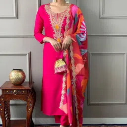 kedarfab Women's Silk Blend Sequence Embroidered Kurta Pant & Dupatta Set image 2