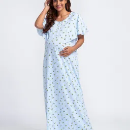 Bella Mama Short Sleeves Maternity Nursing Nighty Honey Bee Print - Light Blue-image-68