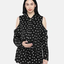 Blush 9 Full Sleeves Fish Printed Cold Shoulder Maternity Nursing Top - Black-picture-10