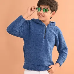 Lilpicks Couture Fur Full Sleeves Solid Hooded Sweatshirt - Blue-picture-25