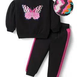 Babyhug Terry Knit Full Sleeves T-Shirt & Lounge Pants Set With Reversible Sequin Detailing - Black-picture-18