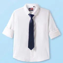 INFINITY Cotton Lycra Full Sleeves Solid Shirt With Tie - White & Navy Blue-picture-12