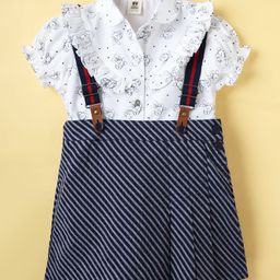 ToffyHouse Knit Half Sleeves Top & Skirt Set With Bunny Print & Suspender - White & Navy Blue-picture-10
