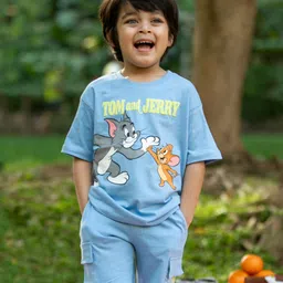 Nap Chief Pure Cotton Tom & Jerry Featuring Half Sleeves Characters Printed Coordinating Tee & Shorts Set - Blue-picture-23