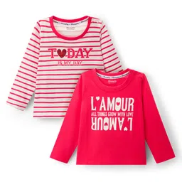 Honeyhap Premium 100% Cotton Knit Bio Finish Full Sleeves T-Shirts with Stripes & Lamour Text Print Pack of 2 - Poppy Red & Bright White-picture-13
