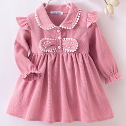 Mark & Mia Full Sleeves Frock with Frill & Bow Detailing - Pink-picture-0