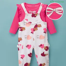 Babyoye 100% Cotton Knit With Eco Jiva Finish Dungaree & Full Sleeves Inner Tee With Teddy Bear & Heart Print - Pink & White-picture-17