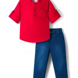 Babyhug Cotton Woven Full Sleeves Solid Color Shirt & Jeans Set - Red & Blue-picture-22