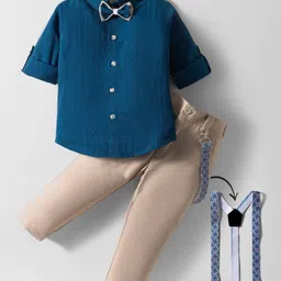 Rikidoos Full Sleeves Textured Shirt Pant With Bow & Suspender Set - Blue & Fawn-picture-16