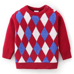 Babyhug Knitted Full Sleeves Sweater Set With Diamond Design - Red image 2