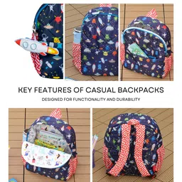 Rosada Space Printed Backpack for Kids With Matching Keychain hanging, Waterproof Trendy and Spacious Kids Backpack, Stylish Bag for Kids - Medium(11 Inches) image 3