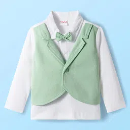 Babyhug Knit Full Sleeves Solid Polo Party T-Shirt & Trouser Set With Bow Applique & Attached Waistcoat - Mint Green & White image 2