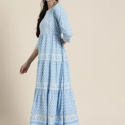 Juniper Women Blue Ethnic Motifs Printed Lace Inserts Maxi Tiered Dress image 4