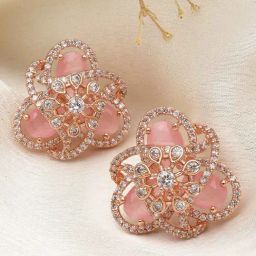 Karatcart Rose Gold-Plated Pink Cubic Zirconia Floral Design Stud Earrings for Women-picture-7