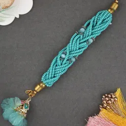 Aapno Rajasthan Turquoise Blue Handwoven Beaded Ladies Casual Rakhi with Roli Chawal & Greetings Card-picture-22