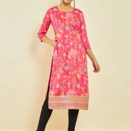 Soch Pink Muslin Floral Print and Embroidered Round-Neck Straight Kurta image 1