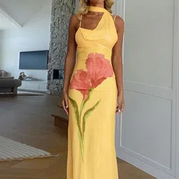 outzidr Yellow Floral Print Maxi Dress with Shoulder Straps image 3