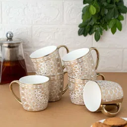 Clay Craft White & Rose Gold Ceramic Cup (0.18 L) - Set of 6 image 1
