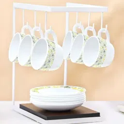 Larah by Borosil Leafline Green Opalware Cup & Saucer - Set of 12 Pieces ( White ) image 2