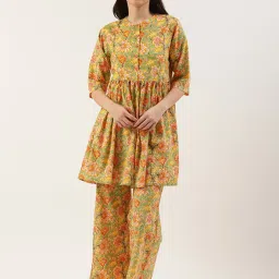Clt.s Green & Yellow Cotton Floral Print Kurta With Palazzos image 1