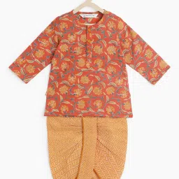 Campana Kids Orange & Mustard Floral Print Full Sleeves Kurta with Dhoti image 1