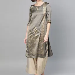 W Women Charcoal Grey & Golden Satin Finish Floral Print Straight Kurta image 1