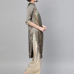 W Women Charcoal Grey & Golden Satin Finish Floral Print Straight Kurta image 5