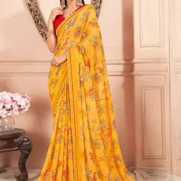 Satrani Yellow Floral Print Saree With Unstitched Blouse-image-30