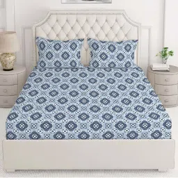 Layers Firenze Blue Cotton 140 TC Double Size Bed Sheet with Pillow Cover image 1