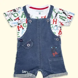 Pantaloons Baby Kids Blue & White Cotton Printed Dungaree Set image 1