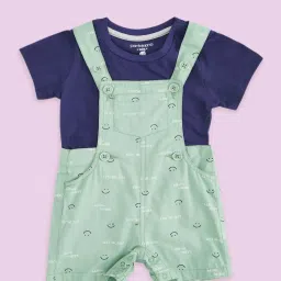 Pantaloons Baby Kids Mint Green & Blue Cotton Printed Dungaree Set image 1