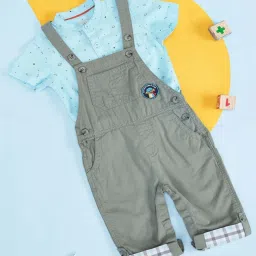 Pantaloons Baby Kids Olive & Blue Cotton Printed Dungaree Set image 1
