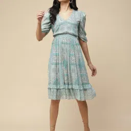 aarke Ritu Kumar Light Blue Printed Fit & Flare Dress image 1