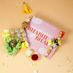 Fida Designer Handmade Yellow & Green Floral Lumba Rakhi & Roli Chawal for Unisex - Set of 2 image 1