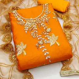 Ishin Orange-Coloured Ethnic Motifs Embroidered Beads and Stones Ustitched Dress Material-picture-37