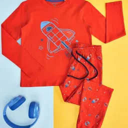 Pantaloons Junior Kids Red Cotton Printed Full Sleeves T-Shirt Set image 1
