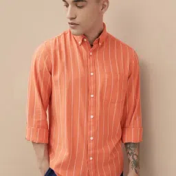 Fame Forever By Lifestyle Peach Cotton Regular Fit Striped Shirt-image-8