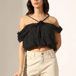SHOWOFFFF Polka Dot Print Halter Neck Cold-Shoulder Crop Top image 3