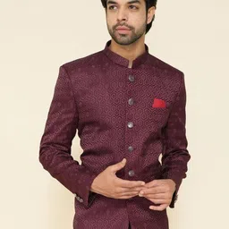 House of Pataudi Self-Design Mandarin Collar Tailored-Fit Pure Cotton Jodhpuri Blazer-image-2
