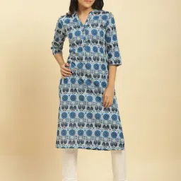 W Blue Cotton Floral Print Straight Kurta-image-12