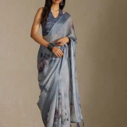 Soch Powder Blue Linen Floral Saree With Stitched Blouse-picture-4