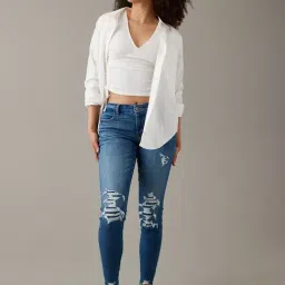 American Eagle Outfitters Blue Cotton Distressed Mid Rise Jeans-image-36