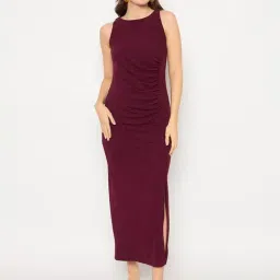 MADAME Wine Polyster Self Sleeveless Maxi Dress image 1